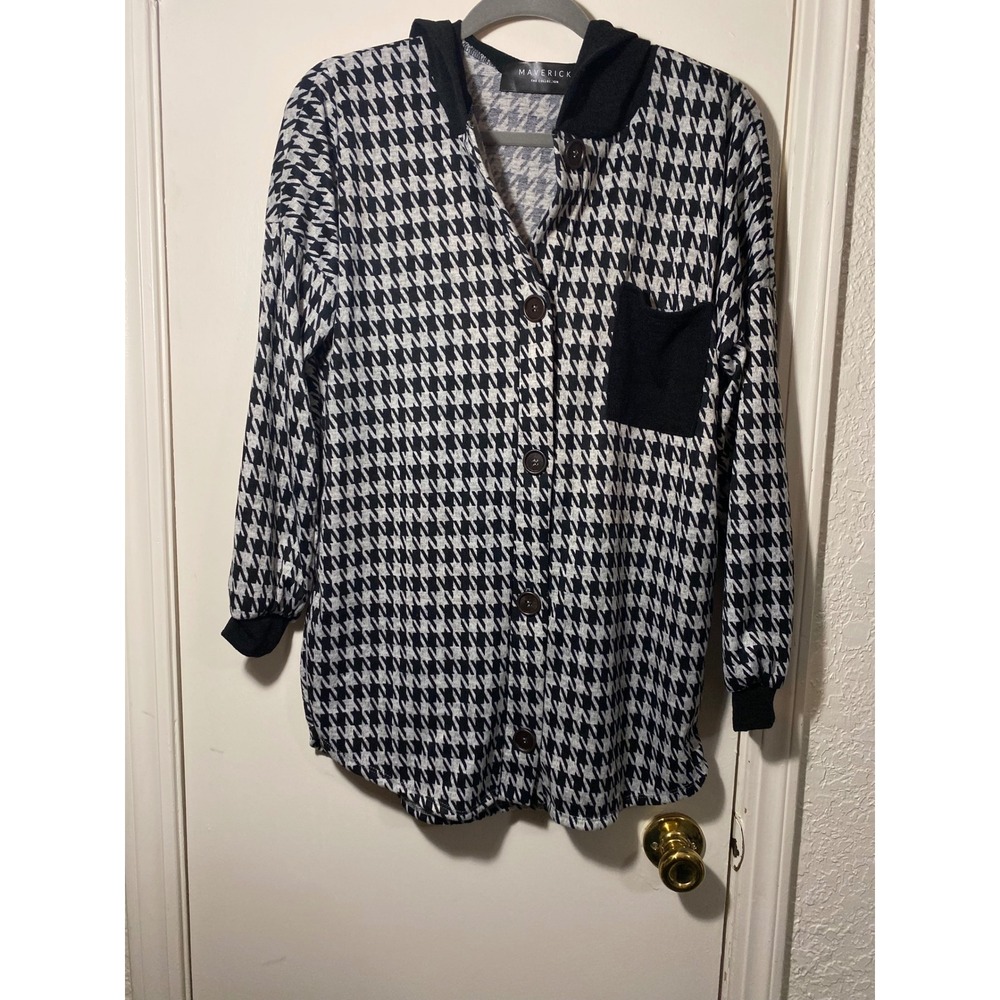 Maverick The Collection Houndstooth Hooded‎ Shirt Womens Size S Black White